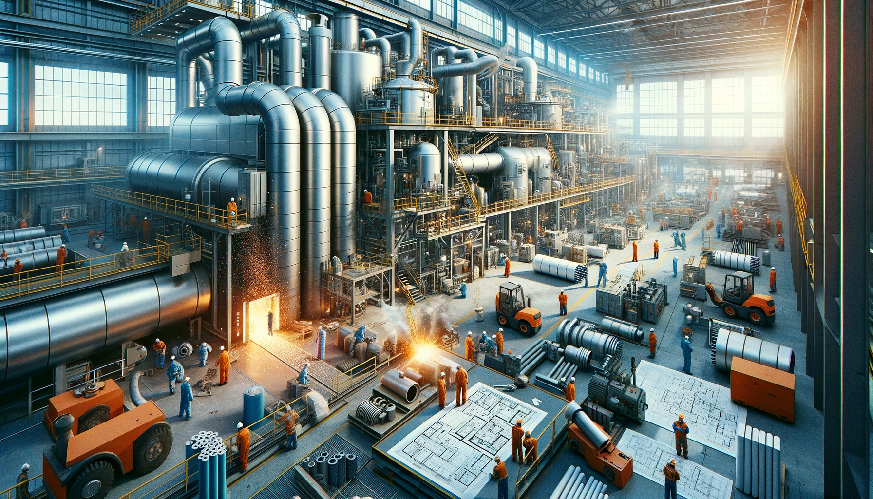 An industrial scene depicting large-scale heating equipment manufacturing. The image should showcase a vast factory floor with workers in safety gear 