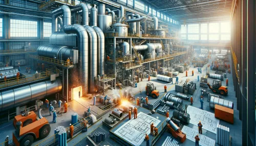 An industrial scene depicting large-scale heating equipment manufacturing. The image should showcase a vast factory floor with workers in safety gear 