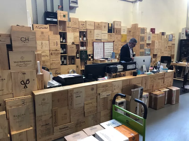 Crates of stacked wine.