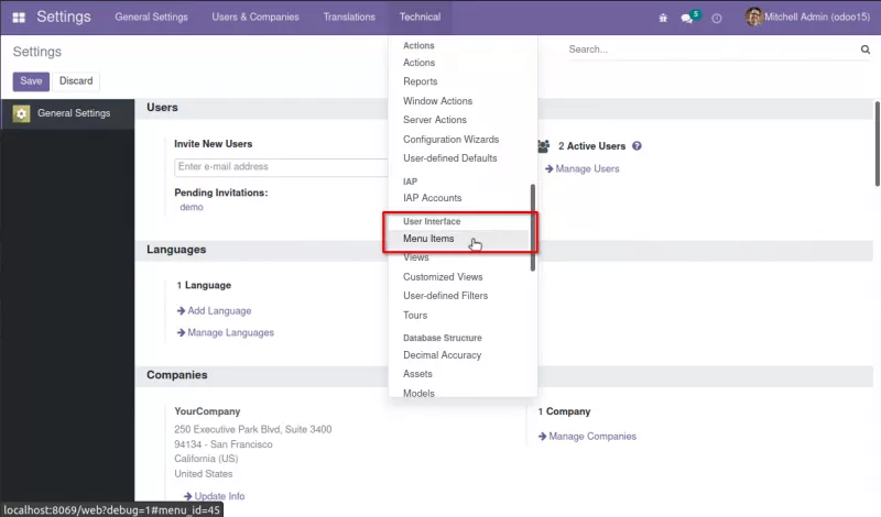 Creating menu items and actions in the Odoo developer
