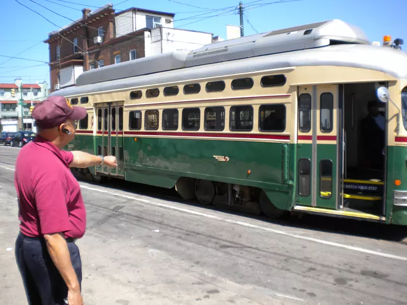 George Huckaby pointing our details on a SEPTA PCC-II