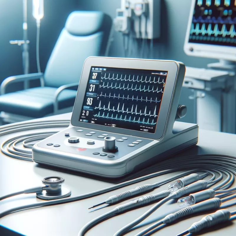 A professional image of an EKG (electrocardiogram) machine. The scene is set in a medical environment, perhaps a hospital or a clinic room. 